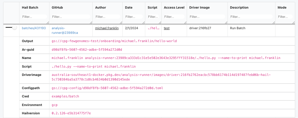 Screenshot of the analysis-runner metamist log